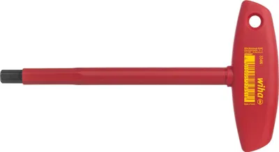A red T-handle hex key with a black tip is shown against a white background.