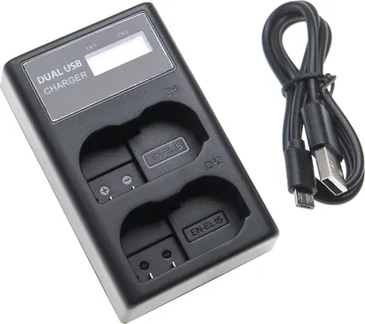 Produktbild von vhbw Dual Micro-USB + USB-C Ladegerät kompatibel mit Nikon D7000, D7100, D610, D7200, D600 Kamera - Ladeschale + Micro-USB Kabel Ladeanzeige + Display