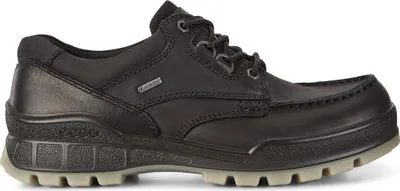 A black leather shoe with a light grey sole is shown against a white background.