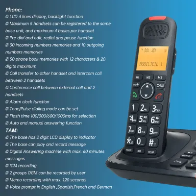 Produktbild von Bisofice Schnurloses, erweiterbares Telefonsystem mit 2 Mobilteilen und Anrufbeantworter, 3 Leitungen, Anrufer-ID-Anzeige, 50 Telefonbuchspeicher, Freisprechfunktion, Gegensprechanlage, Stummschaltung bei Konferenzgespraechen, eine Taste fuer die Audio-Boost-Funktion, 16 Sprachen fuer Buero, Geschaeft, Zuhause, Familie