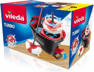 Produktbild von Vileda TURBO Wischmopp-Set Rot mit Mikrofaser, Schleuderfunktion, beweglichem Dreieck-Moppkopf und Eimer mit Ausguss