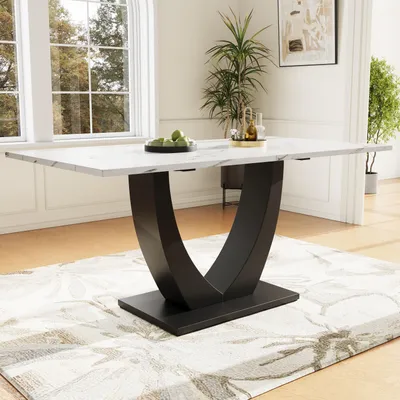 Obrázok produktu pre Fortuna Lai 140 x 75,5 cm jedálenský stôl, (1 ks), moderný kuchynský stôl, kovová konštrukcia, obdĺžnikový jedálenský stôl s moderným mramorovým vzorom, kuchynský stôl s nastaviteľnými nohami do jedálne alebo obývacej izby, biela/čierna