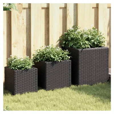 Produktbild von Pflanzkübel Set 3-teilig Schwarz PE Rattan mit Stahlgestell für Garten Balkon Terrasse