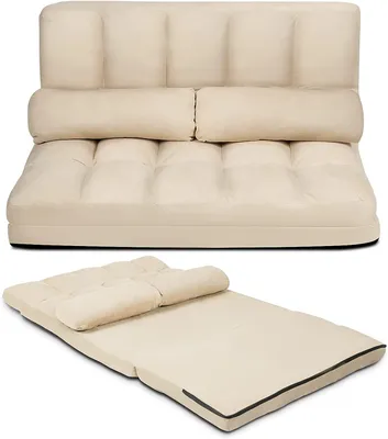 Produktbild von GOPLUS 2 Sitzer Bodensofa mit 2 Kissen, 3 in 1 Sofabett Liege Sofa mit 6 stufig Verstellbarer Rückenlehne mit Schlaffunktion für Wohnzimmer Schlafzimmer (Beige)
