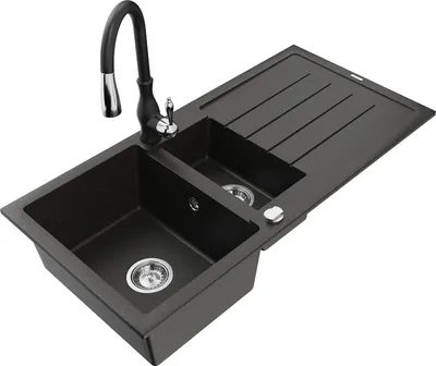 Produktbild von Mexen Andres 1,5-Becken-Granitspüle mit Abtropffläche und Mischbatterie Savita, Schwarz/Gold metallisch - 6515-75-672601-70