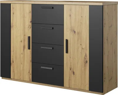 Produktbild von Furniture24 Kommode Sigma 26 Sideboard 132x94x40 cm 2 Türen 4 Schubladen Artisan Eiche/Schwarz Supermatt