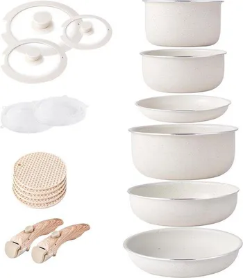 Obrázek produktu pro Sada indukčního nádobí, nepřilnavý povrch, stohovatelné, silikonové víčko, bez PFOA, Granit