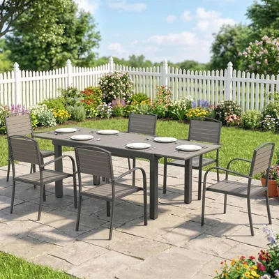 Produktbild von Sitzgruppe 6 Personen, Gartenmöbel Set ausziehbar 7-teilig, Aluminium & WPC Lamellen, Grau | wetterfest | 22 kg | 150–225 cm Tisch