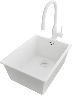 Produktbild von PRIMAGRAN Granitspüle Alles Weiß 36x47cm, Spülbecken 1 Becken + Küchenarmatur 38x14cm + Ablauf-Set, Küchenspüle ab 40er Unterschrank - London Slim