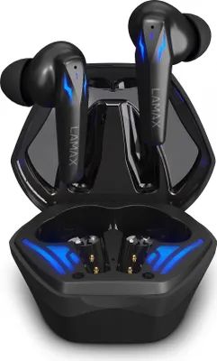 A pair of black wireless earbuds with blue LED accents, shown inside their charging case.