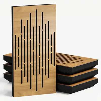 Produktbild von 4er-Pack – Schmale Akustikpaneele mit Samtstoff |50x25 cm| Dekorative Geräuschkontrolle & Echoreduzierung | Diffusion [WAVE-F Eiche|Schwarz]