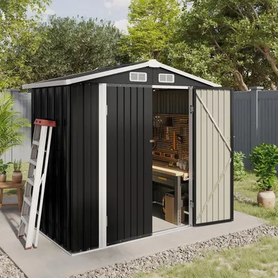 Immagine prodotto di Capanno da giardino, dimensioni 1,8 x 1,2 metri, in metallo, colore nero, con serratura, resistente alle intemperie