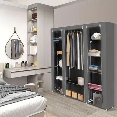 Immagine prodotto di Armadio portatile in tessuto, con 12 scomparti aperti e una barra appendiabiti, colore grigio