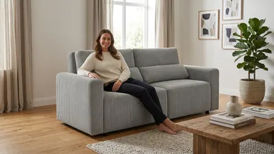 Produktbild von Schlafsofa KOMO Apollo – mit Schlaffunktion, Cord in Grau, Family Meble, KI-generiertes Bild