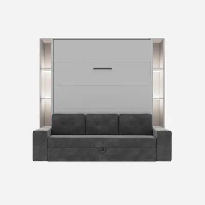 Produktbild von SMARTBett SET Murphy-Bett M3 160x200 (Tiefe 55 cm) vertikal, inkl. Sofa anthrazit + 2x LED-Regal STA.2.0021 Perlgrau