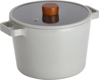 A light gray pot with a glass lid and a wooden handle is shown against a white background.