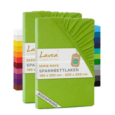 Produktbild von Lavea® 2er Pack Spannbettlaken 180/200x200 cm, Jersey Bettlaken 100% Baumwolle – Boxspringbetten, Wasserbetten, Matratzen bis 35 cm – Apfelgrün