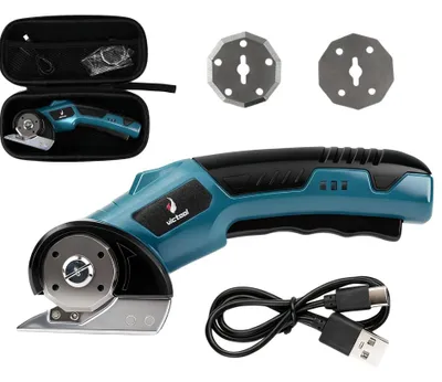 Produktbild von 4,2-V-Akku-Rotationsschneider, elektrische Schere mit 2 Klingen für Papier, Pappe, Teppich und Leder