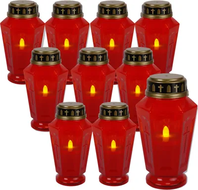 Produktbild von LED Grablicht Serene - Grabkerze - warmweiße LED - H: 15,5cm - 1000h Leuchtdauer - rot/gold - 10St.