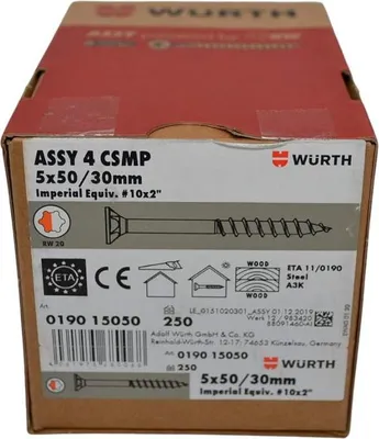 Produktbild von Würth ASSY 4 CSMP Spanplattenschraube 5x50mm, 250St/Pack Stahl verzinkt, blau passiviert, Teilgewinde, Senkfrästaschenkopf - RW 20 Neue Generation