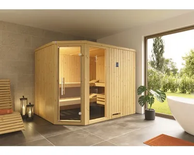 Produktbild von Elementsauna Weka Varberg Eck GTF inkl. 7,5 kW  Ofen u.digitaler Steuerung mit Fenster und graphitfarbiger Ganzglastüre