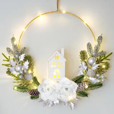 Produktbild von LED Dekoring Weihnachtskranz mit beleuchtetem Haus 40cm Silber