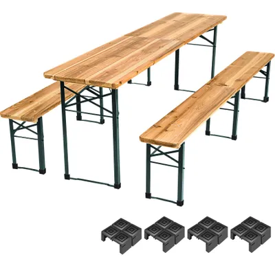 Immagine prodotto di Set da birreria tectake, 3 pezzi, pieghevole, tavolo in legno di abete con vernice trasparente 220x50,5x77,5 cm, panca marrone