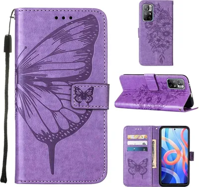 Produktbild von Xiaomi Poco M4 Pro 5G Hülle, Schmetterling Prägung Flip Leder Kartenfächer Schutzhülle Ledertasche mit Ständer für Xiaomi Poco M4 Pro 5G Violett