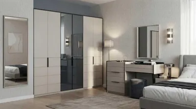 Immagine prodotto di Armadio con ante in vetro, tavolino da trucco beige e nero, set moderno ed elegante
