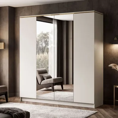 A modern wardrobe with mirrored doors is shown in a bedroom setting.