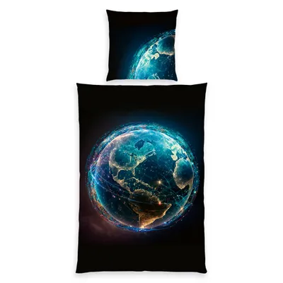 A duvet cover and pillowcase set featuring a graphic of the Earth with glowing lines representing global connections.