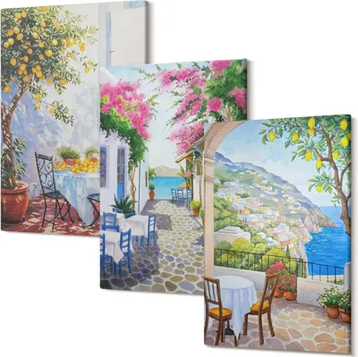 Produktbild von Wandbild – Leinwandbild – Leinwandbilder – Polycanvas – Kunstdruck – Modern – Panorama – Mehrteilig – 3-Teilig Set – Hochwertig – Lichtecht – Geruchslos – 40x60 Cm Je Element - Charmante Straßen mit blühenden Pflanzen und Meerblick