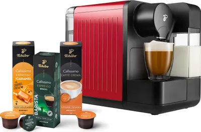 Produktbild von Tchibo Cafissimo "milk" Kaffeemaschine Kapselmaschine inkl. 30 Kapseln für Caffè Crema, Espresso, Kaffee und Milchspezialitäten, Rot