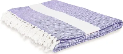 A folded blanket with a striped pattern and fringe.