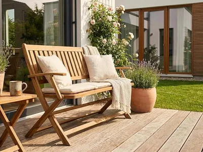 Imagen del producto de Banco de jardín plegable para dos personas, fabricado en madera de acacia, color marrón