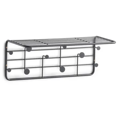 A black metal wall-mounted shelf and coat rack designed to resemble musical notation.