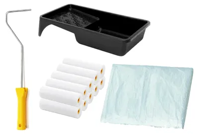 Produktbild von Lackier Set: 10 Schaumwalzen 10 cm superfein gerade | 1 Farbroller Bügel | 1 Farbwanne | 1 Abdeckfolie