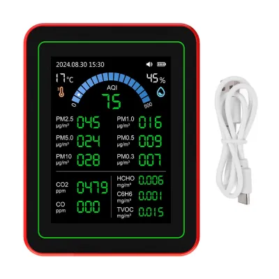 Zdjęcie produktu dla 18-w-1 miernik jakości powietrza w pomieszczeniach, CO₂ TVOC HCHO PM2,5 PM10 temperatura i wilgotność, zasilany bateryjnie z pamięcią danych, czarny