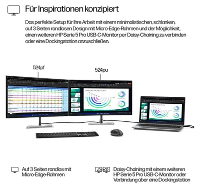 Produktbild von HP 524pf - Kein Ständer - Series 5 Pro - LED-Monitor - 61 cm (24") (23.8" sichtbar) - 1920 x 1080 Full HD (1080p) @ 100 Hz - IPS - 350 cd/m² - 1500:1 - 5 ms - HDMI, DisplayPort - Jet Black, Silber (Halter)