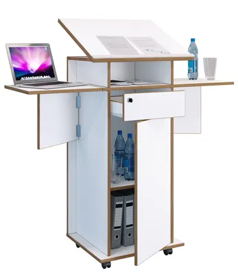 Image de Bureau du haut-parleur Wood Mobile | Dimensions env. H. 107 à 128 cm x L. 60 à 123 cm x D. 44 cm | Roulable avec tiroir | Table debout avec porte - Salia