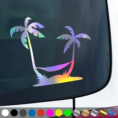 Produktbild von PantherPixel Palmen Aufkleber Insel Reisen Camping Strand Urlaub Sticker Auto Geschenkidee Farbe Oilslick-Hologramm