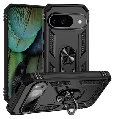 Produktbild von Conie Outdoor Schutzhülle für Google Pixel 9 Tasche Silikon Hard Case Cover Hülle mit Halter Ständer in Schwarz