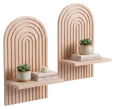 Zdjęcie produktu dla Relaxdays, zestaw 2 półek ściennych, wymiary: 35 x 18 x 13 cm, drewno, kolor tęczy, styl boho, półki ścienne do salonu, naturalne
