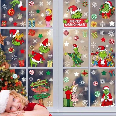 Image de Autocollants de Noël Grinch, décoration de fenêtre double face, 9 feuilles d'autocollants de fenêtre Grinch