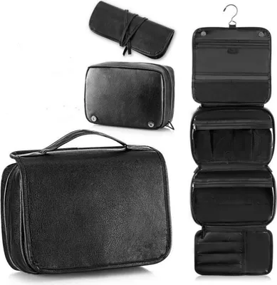 Image de INF Trousse de Toilette de Voyage 3-en-1 - Organisateur Portable en CuirPolyuréthaneavec Crochet de Suspension et Compartiments Multiples Le noir