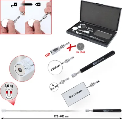 A collage of images showing a flexible inspection mirror set, its components, and usage.