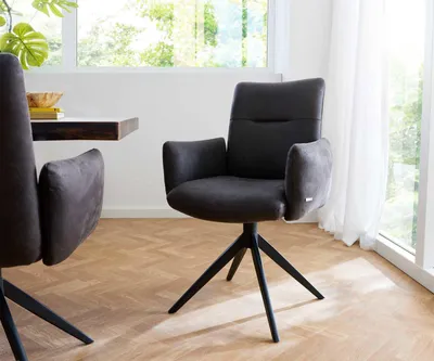 Produktbild von DELIFE Drehstuhl Jova-Flex mit Armlehnen Mikrofaser Anthrazit Vintage Kreuzgestell breit Schwarz 360° drehbar Taschenfederkern
