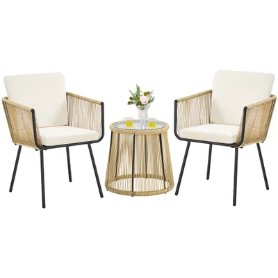 Produktbild von Yaheetech 3-tlg. Rattan Balkonset Gartenmöbel Set inkl. 2 Stühle Dick Sitz- und Rückenkissen & 1 Tisch mit Hartglasplatte Gartensitzgruppe