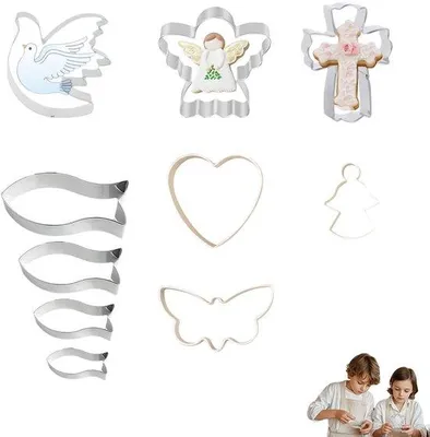 Produktbild von Ibenzoa® Set religiöser Ausstechformen aus Edelstahl für Kommunion und Ostern – Fisch, Engel, Taube, Kreuz, Schmetterling, Herz – für Fondant, Kekse, Kuchen