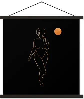 Produktbild von MuchoWow® Textilposter Frau - Mond - Gold - Strichzeichnung 60x60 cm mit schwarzem Rahmen - Posteraufhänger